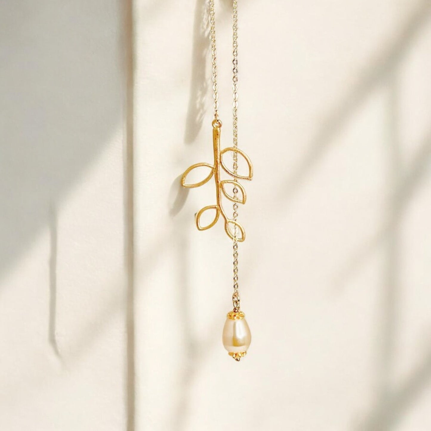 Dainty Teardrop White Pearl on Branch Leaf Necklace