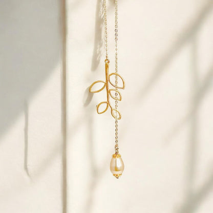 Dainty Teardrop White Pearl on Branch Leaf Necklace