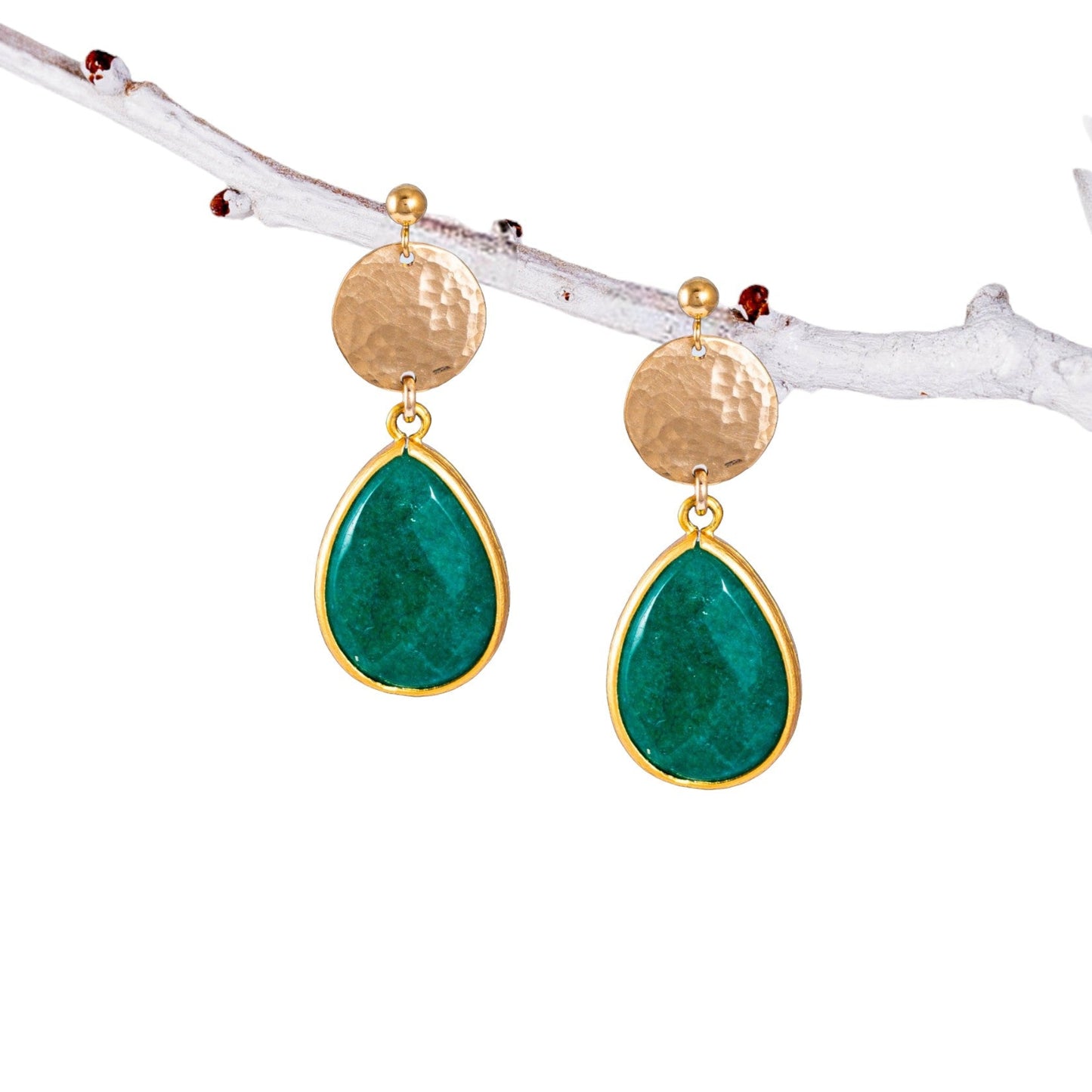 Teardrop Trimmed Emerald Stone Stud Earrings