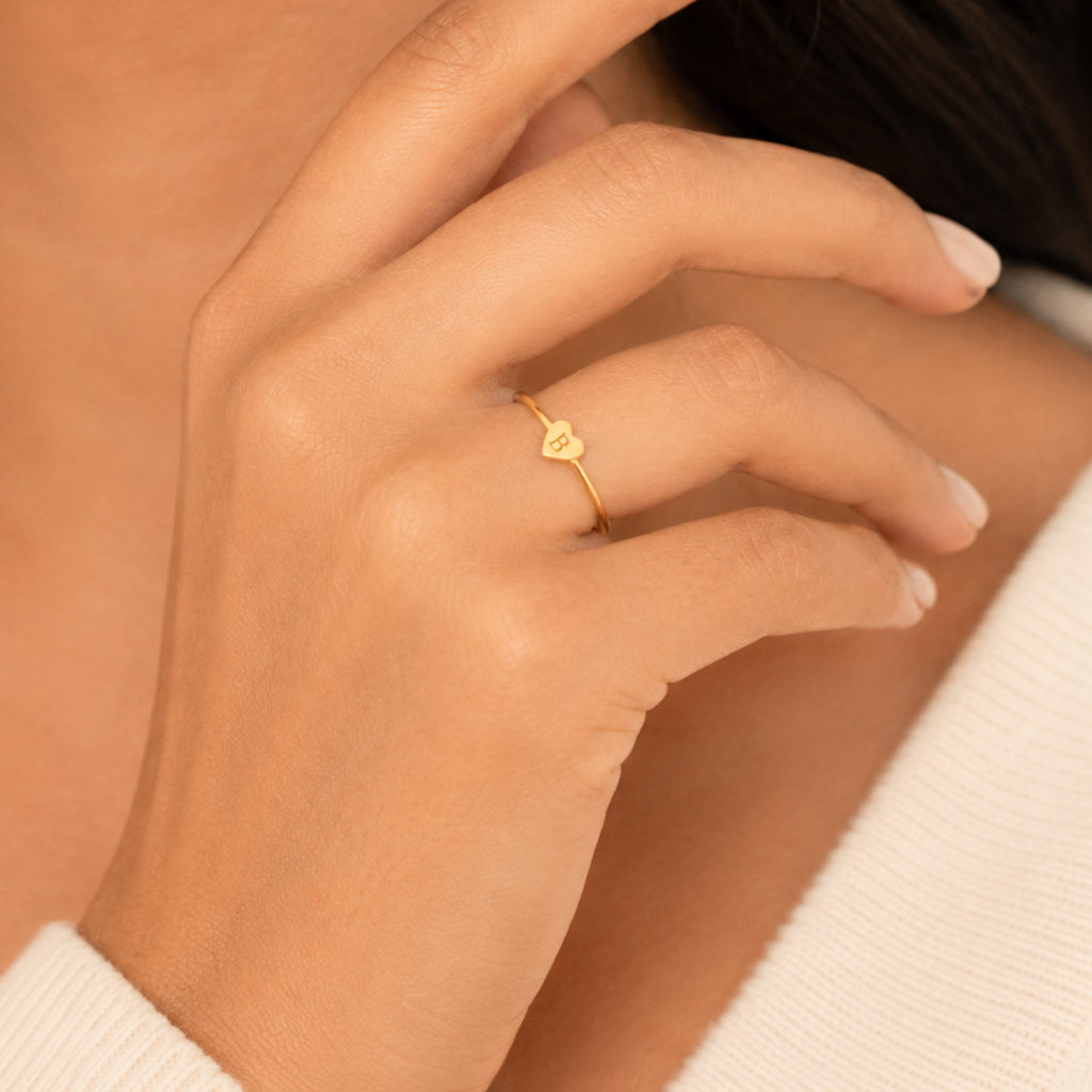 Personalized Tiny Heart Ring, Engraved Initial Ring Gold or Silver, Stacking Letter Ring