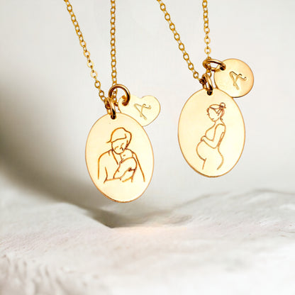 Mother and Grandmother Oval Disc Pendant Sketch Necklace