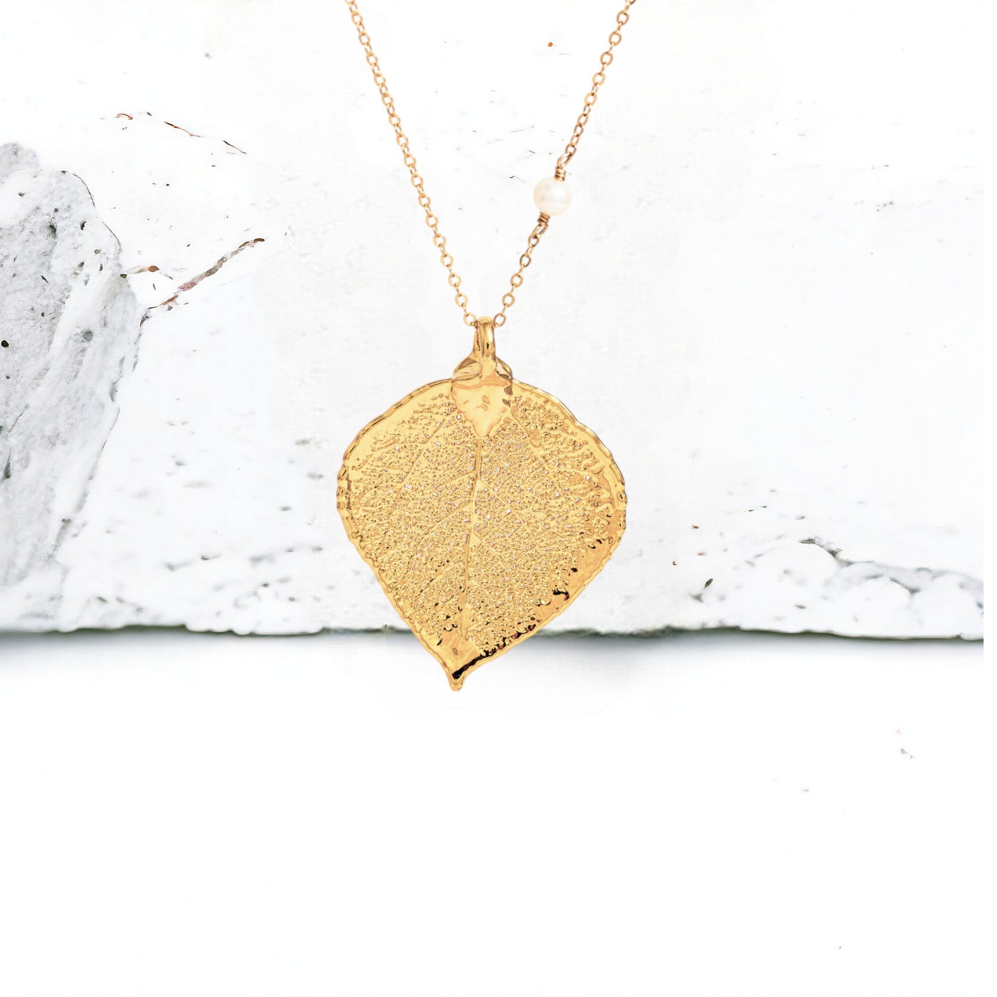 Long Gemstone Chain Real Leaf Necklace