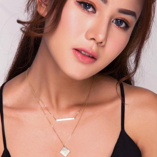 Double Layered Skinny 1" Bar and 0.5" Diamond Charm Necklace Set