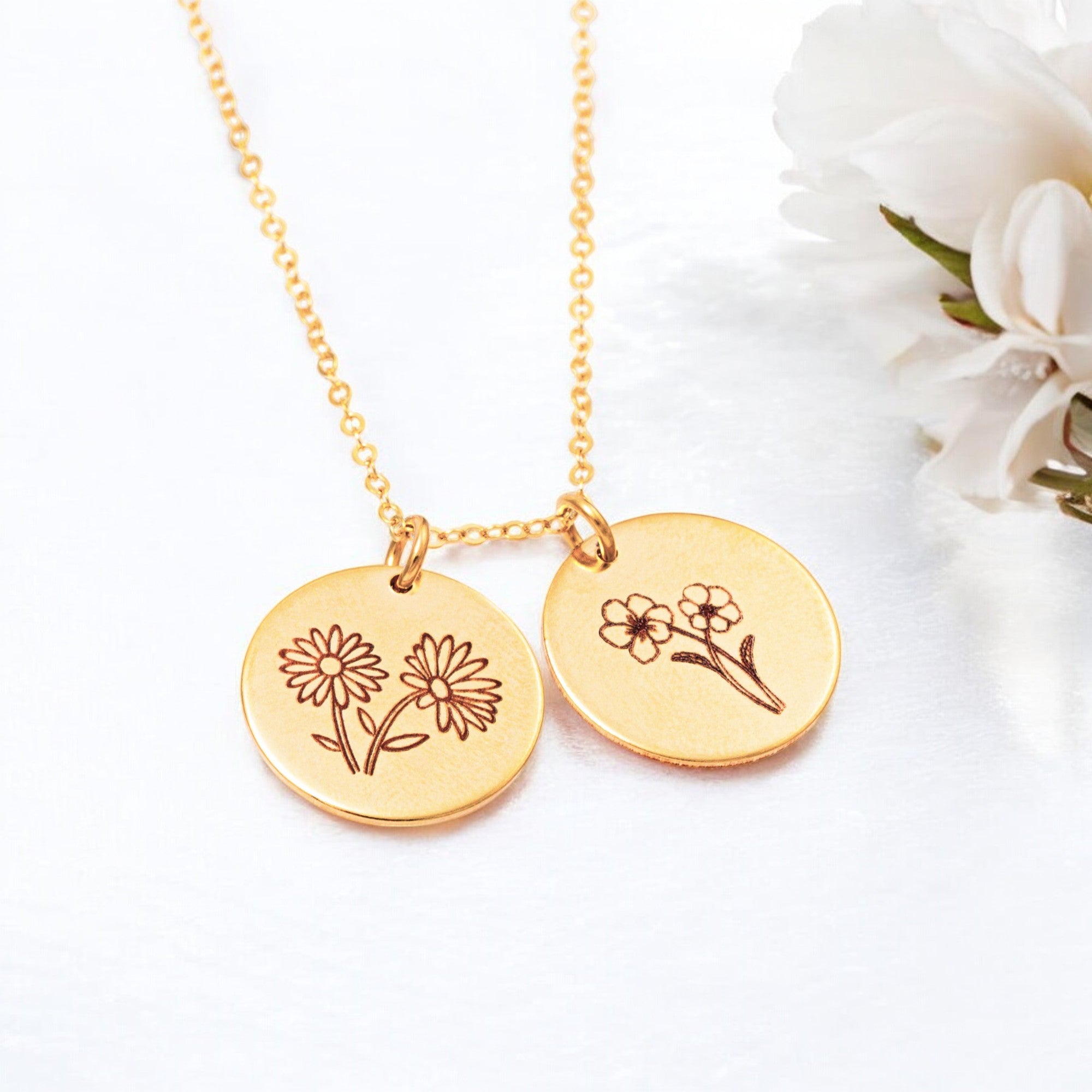 Birth Month Flower Necklace with Custom Engraving, 5/8" Disc
