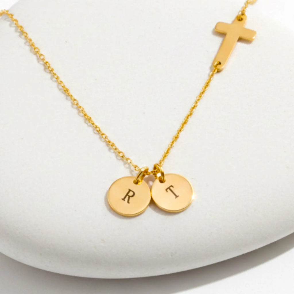 Sideways Cross Necklace – Initial Disc Charm
