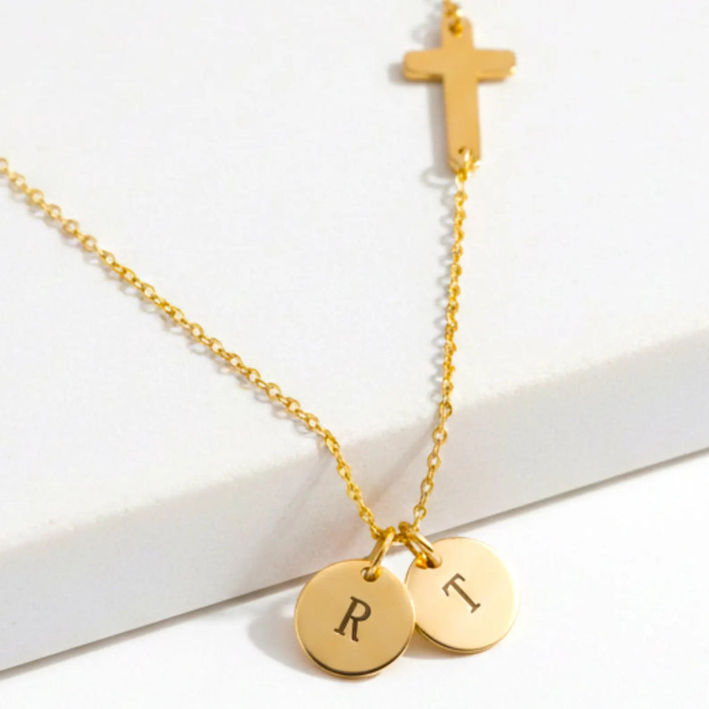 Sideways Cross Necklace – Initial Disc Charm