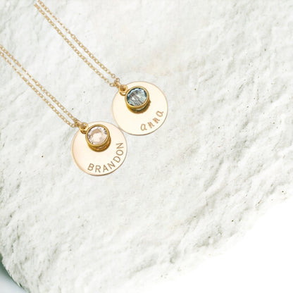 Custom Name Necklace with Birthstone, 5/8" Disc
