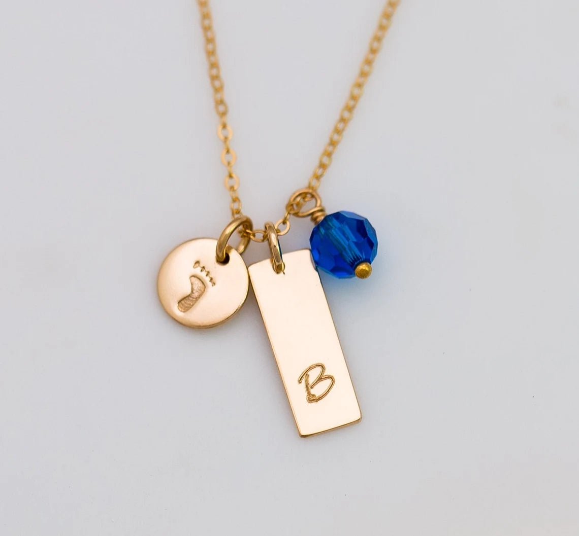 Personalized Name Bar Necklace, Birthstone Necklace and Baby Foot Charm