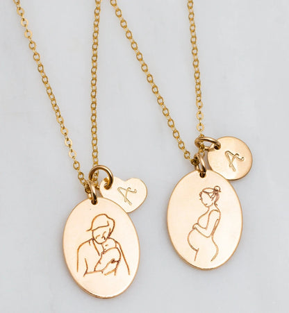 Mother and Grandmother Oval Disc Pendant Sketch Necklace