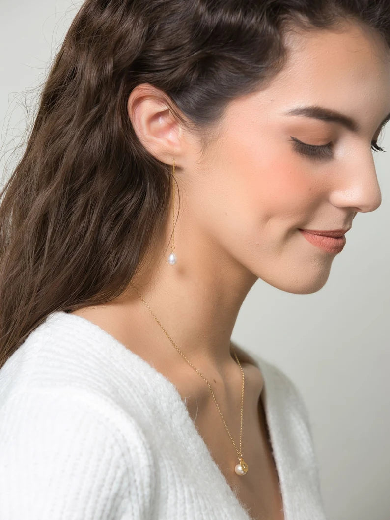 Teardrop Pearl Threader Earrings