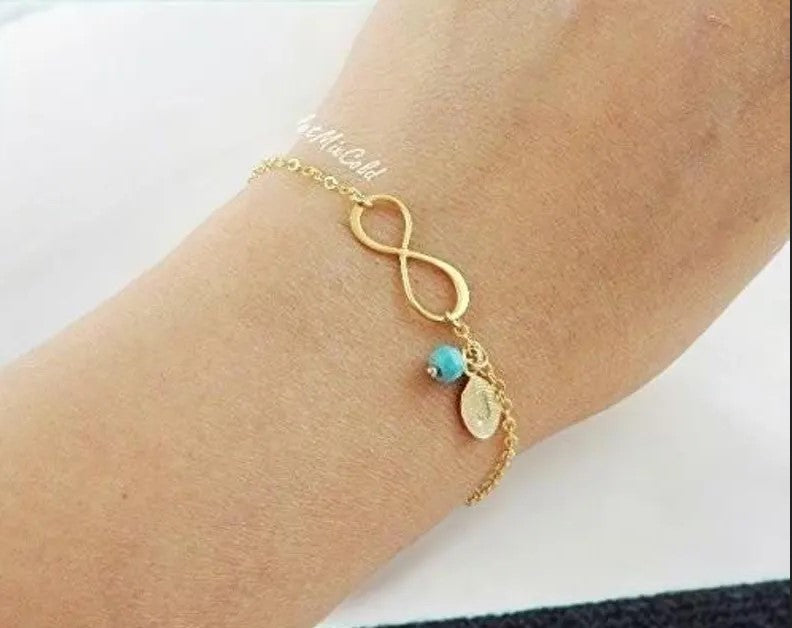 Small Infinity Bracelet with Customized Birthstone and Initial Leaf