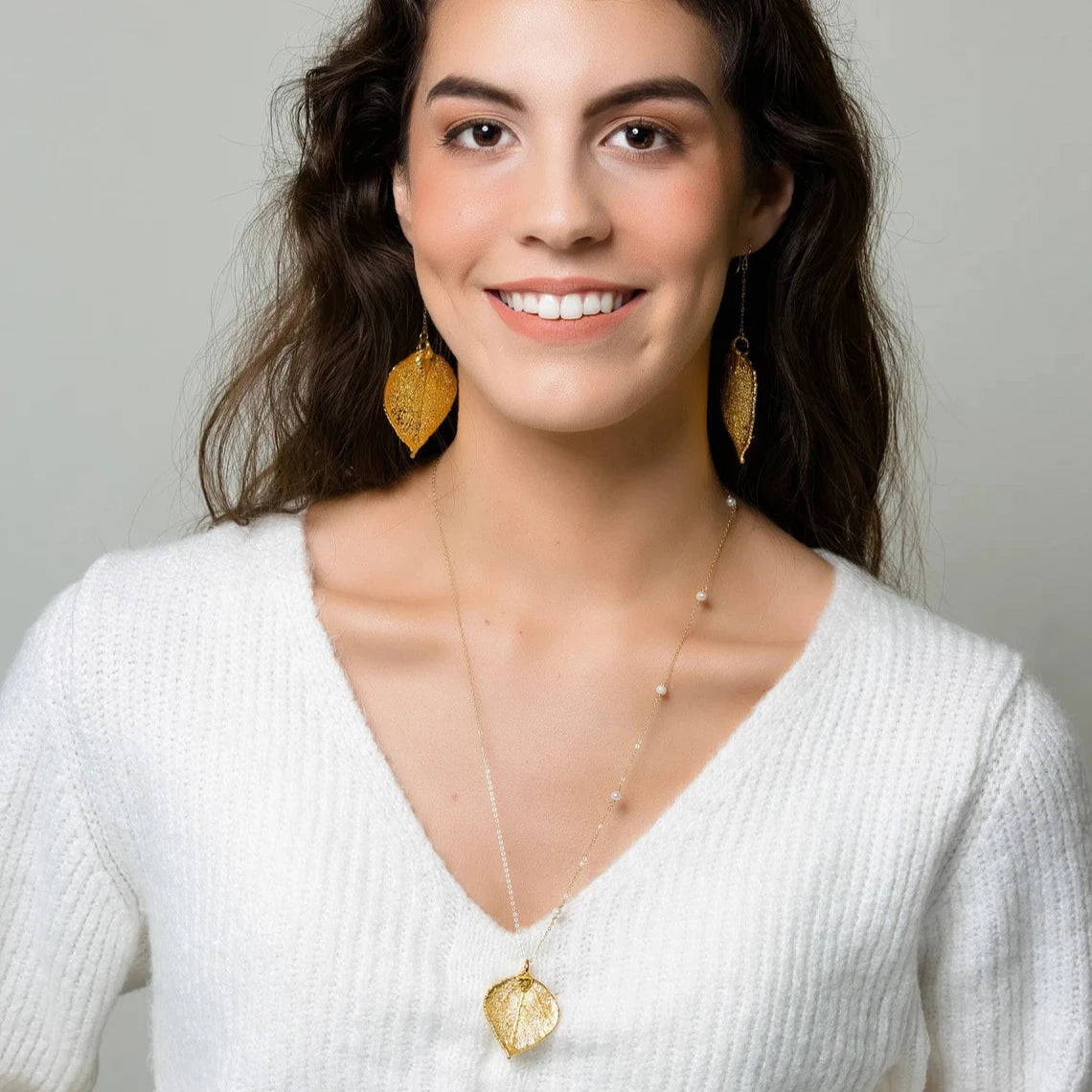 Long Gemstone Chain Real Leaf Necklace