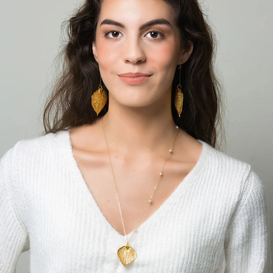 Long Gemstone Chain Real Leaf Necklace