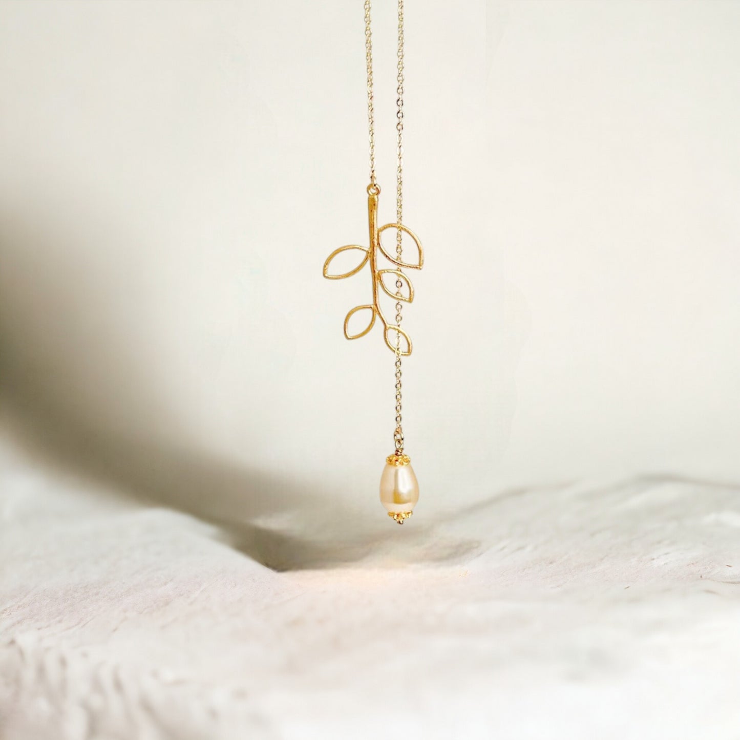 Dainty Teardrop White Pearl on Branch Leaf Necklace