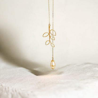 Dainty Teardrop White Pearl on Branch Leaf Necklace