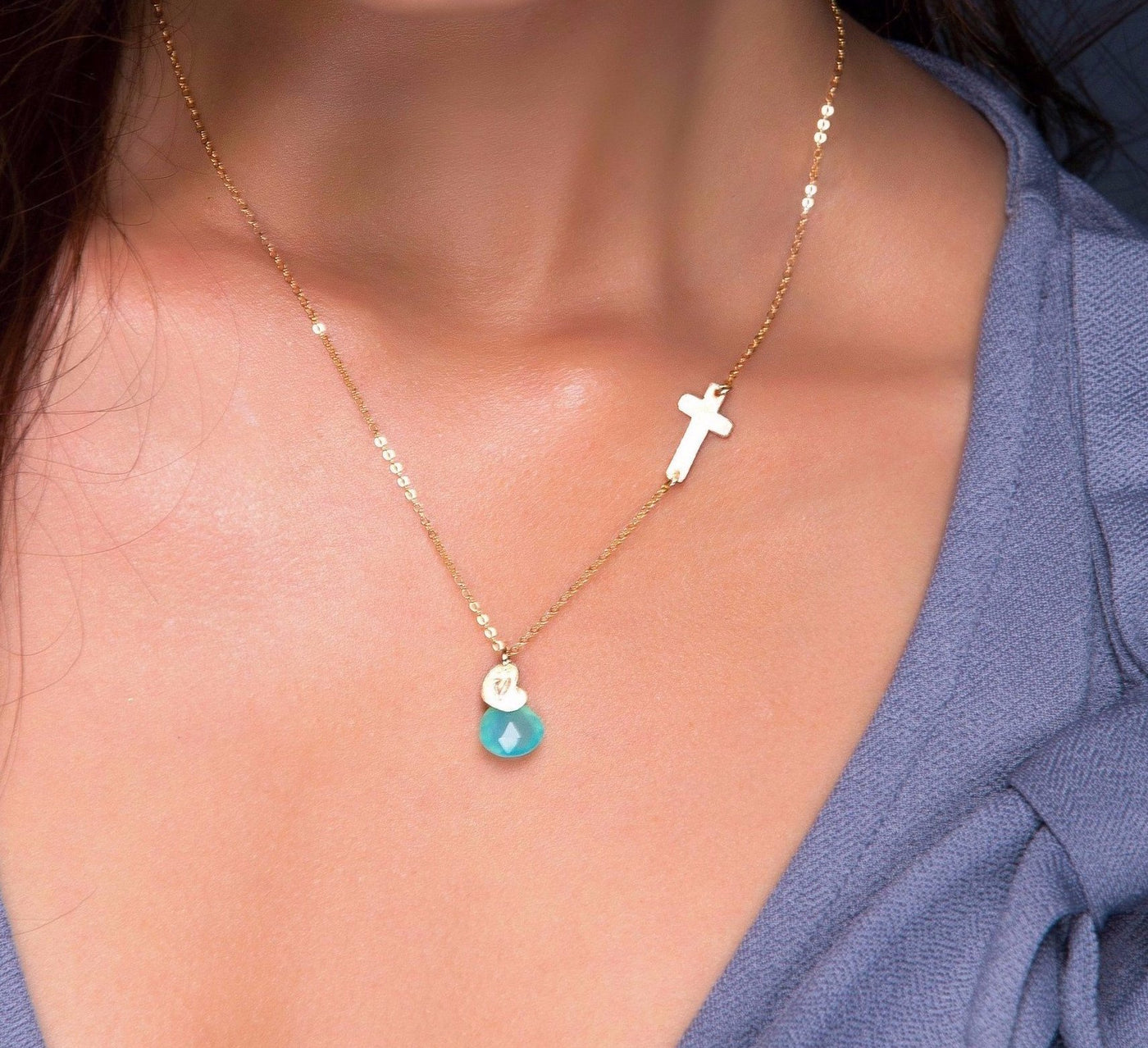 Personalized Small Sideways Cross and Birthstone Necklace