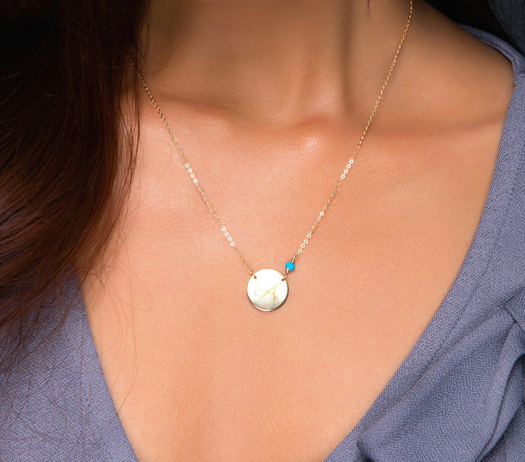 Personalized Large Initial Circle and Birthstone Necklace, 5/8" Disc