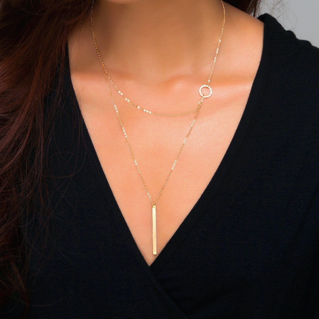 Circle Hammered Ring Layering Necklace