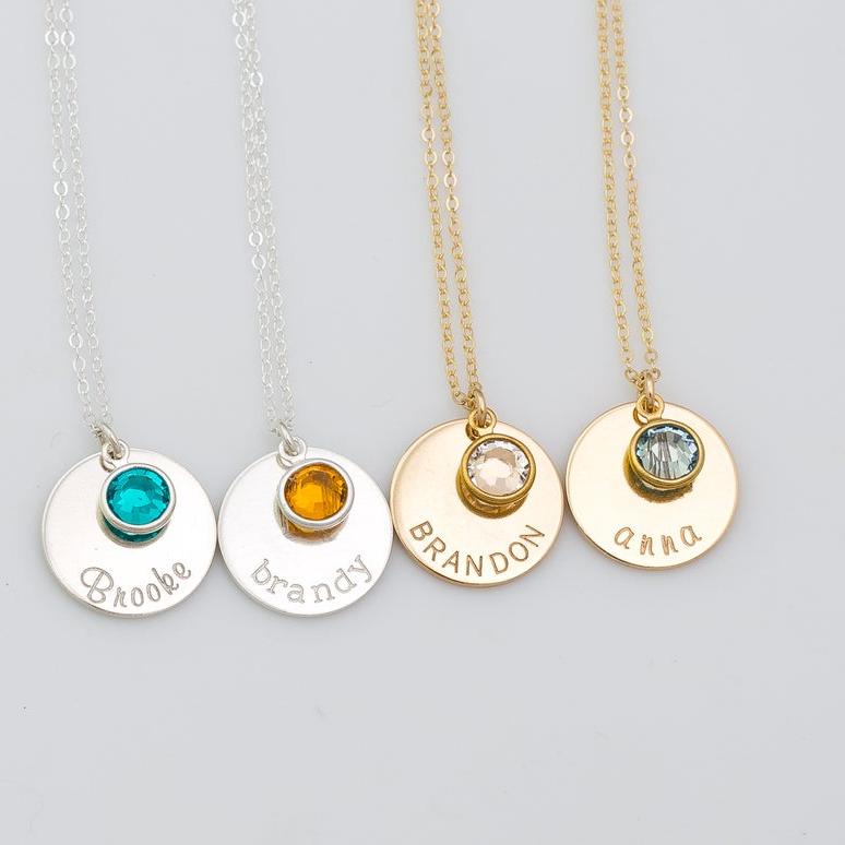 Custom Name Necklace with Birthstone, 5/8" Disc