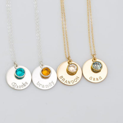 Custom Name Necklace with Birthstone, 5/8" Disc