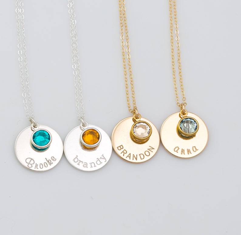 Custom Name Necklace with Birthstone, 5/8" Disc