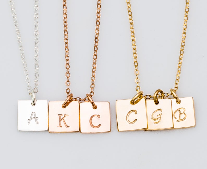 Tiny Square Initial Necklace, 8mm Square