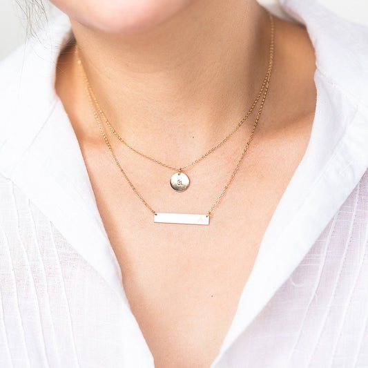 Custom Bar and Disc Engraving Layered Necklace, 7/16" Disc & 1.25" Bar Pendant