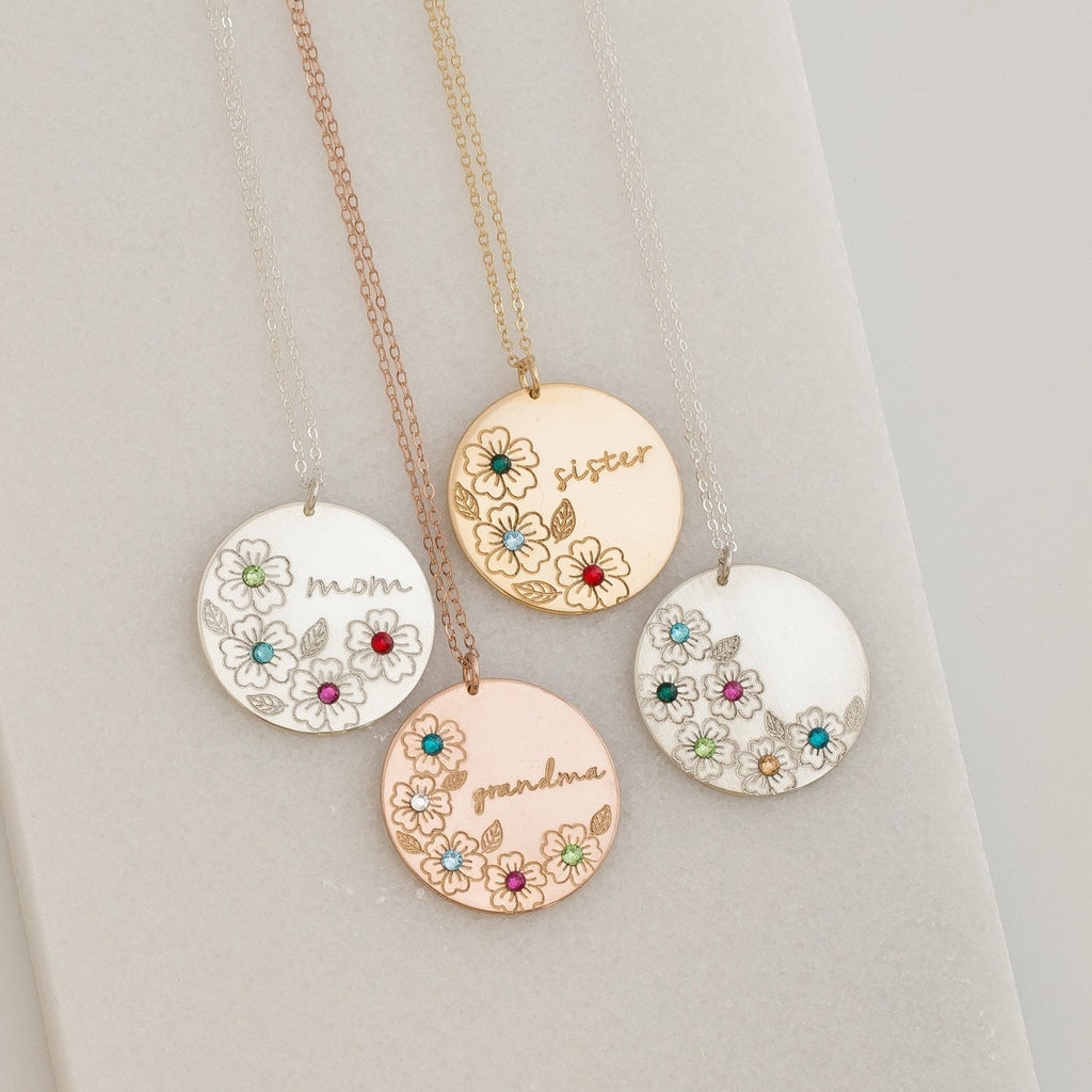 Birth Flower Circle Disc Pendant Necklace, 1-inch Disc