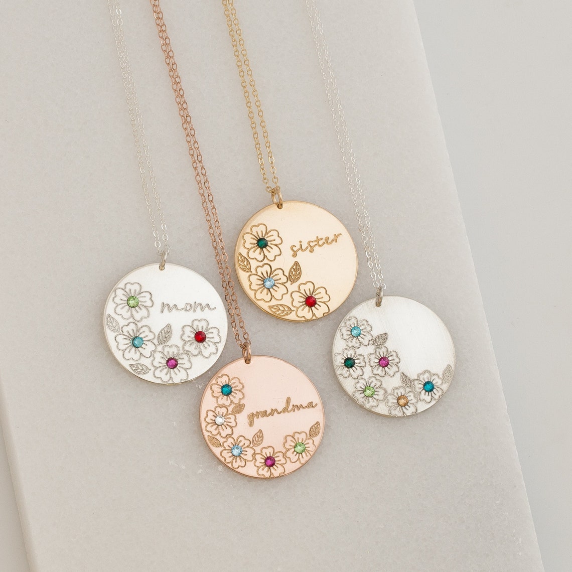 Birth Flower Necklace, 1" Disc Pendant