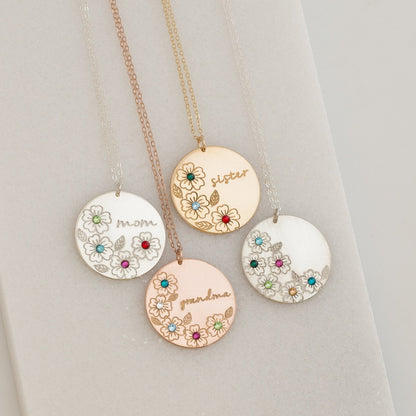 Birth Flower Necklace, 1" Disc Pendant