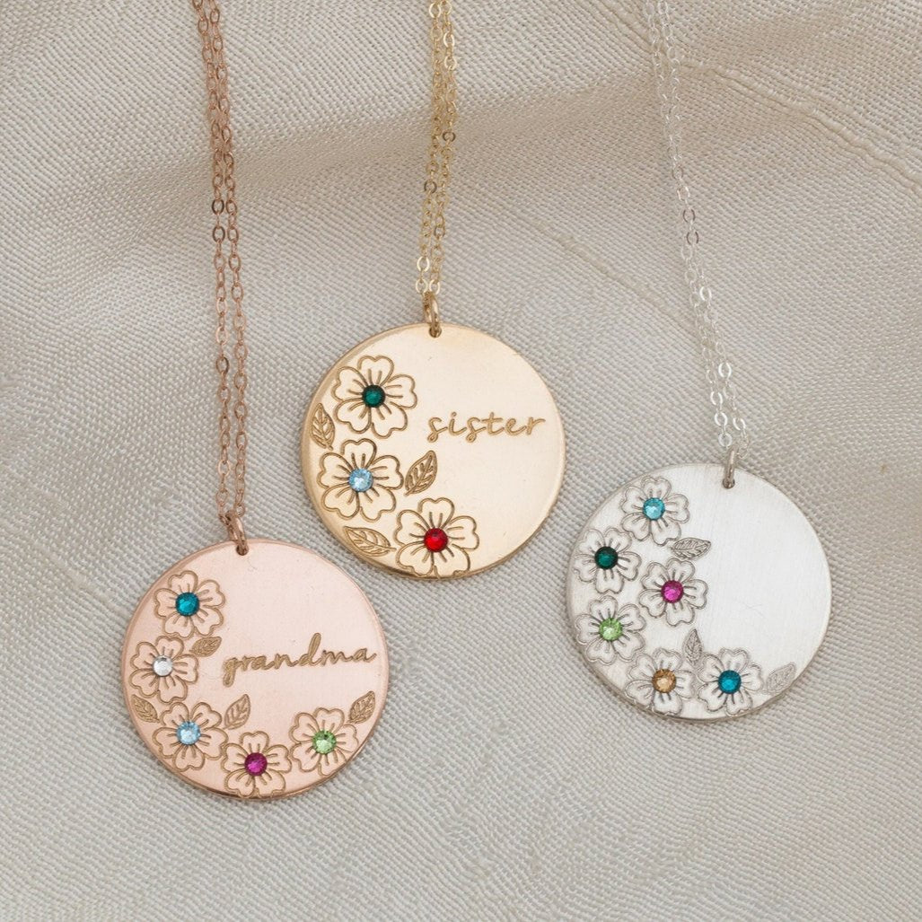 Birth Flower Necklace, 1" Disc Pendant