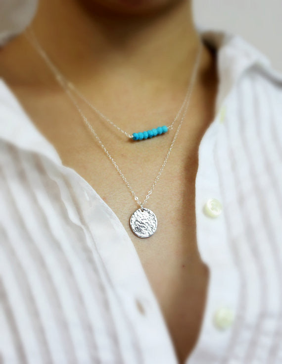 Layered Necklaces Set with Gemstone Bar and Large Disc, 5/8" Disc & 1.5" Bar