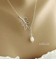 Silver Branch Lariat Teardrop Pearl Necklace