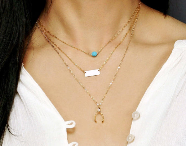 Triple Layer Bead Wishbone and Mini Bar Necklace