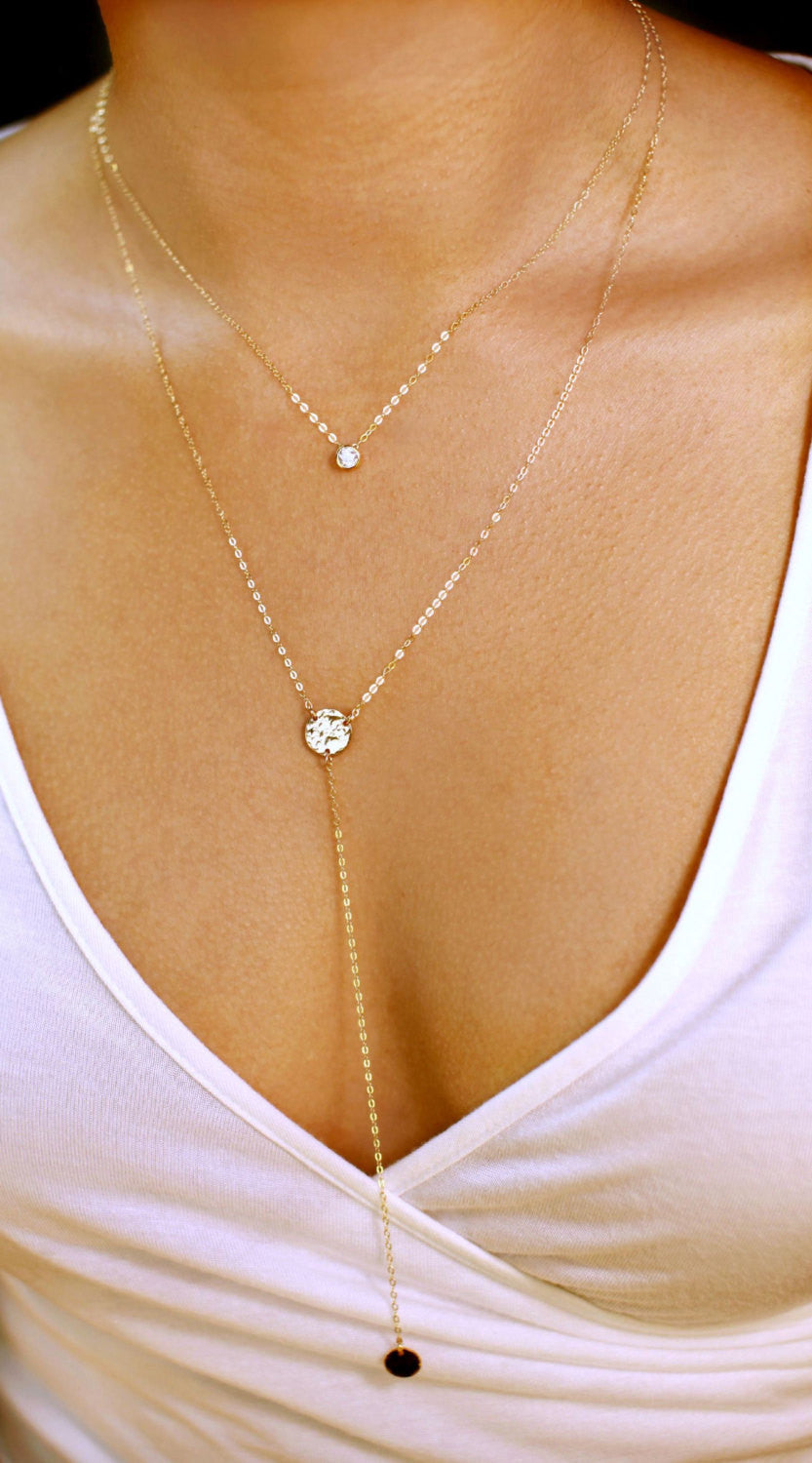 CZ Diamond &  Long Lariat Hammered Disc Personalized Layering Necklace
