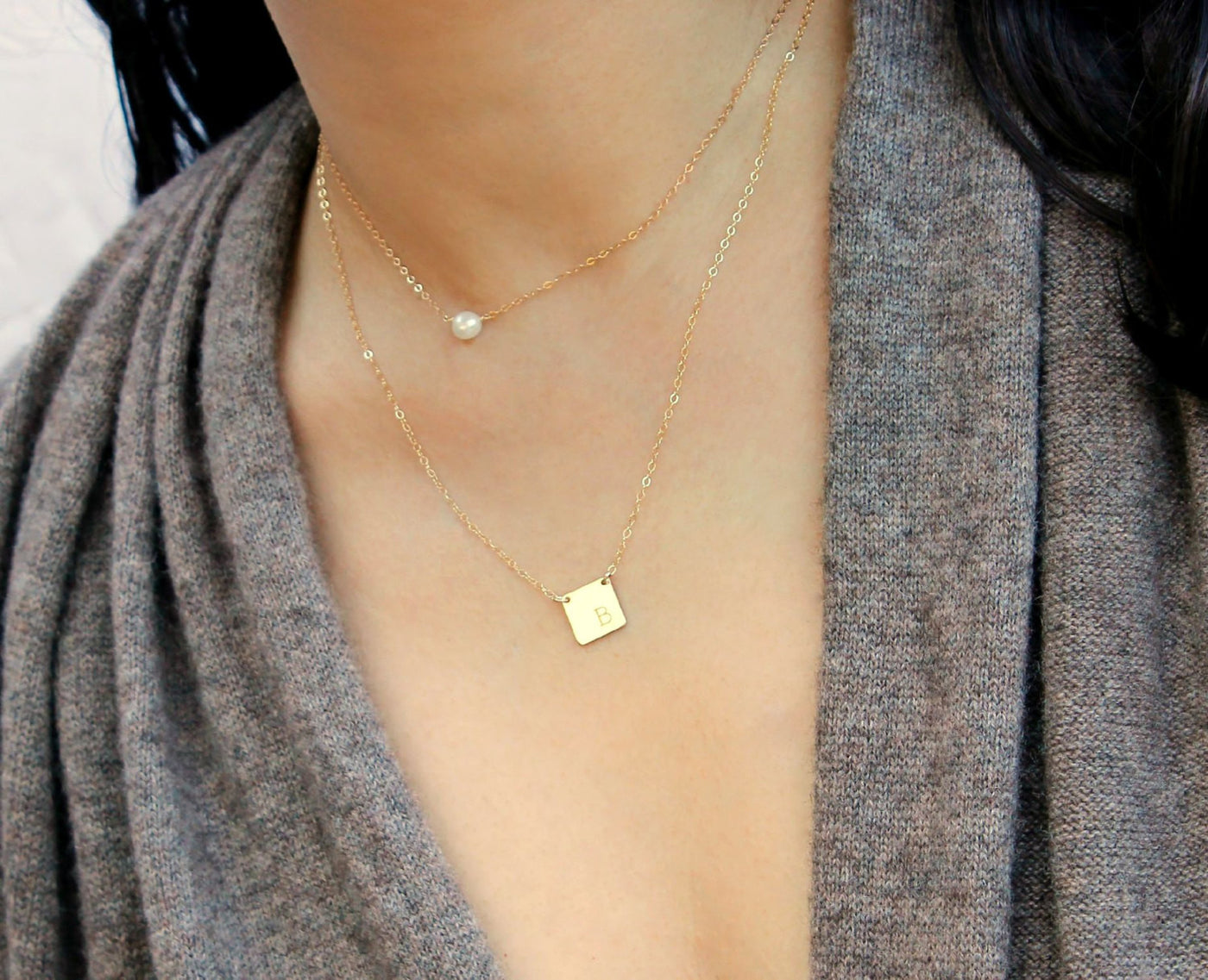 Gold Layered Pearl and Square Necklace