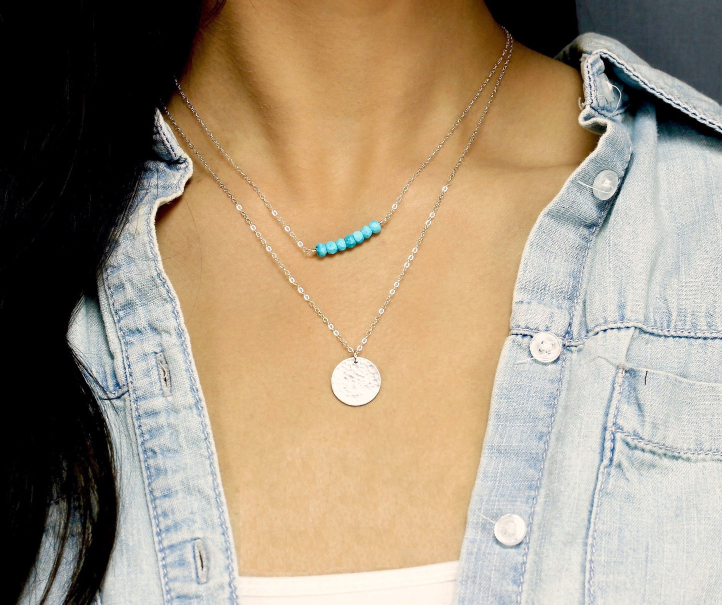 Layered Necklaces Set with Gemstone Bar and Large Disc, 5/8" Disc & 1.5" Bar